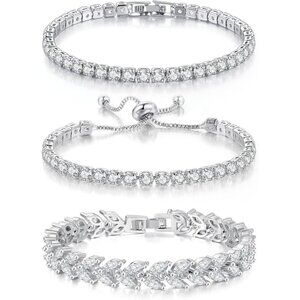 Elegant Silver-White Cubic Zirconia Tennis Bracelets Set for Women & Brides